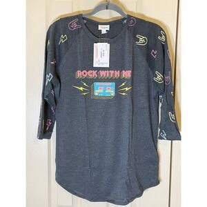 LuLaRoe Randy Top Women Large Gray NWT Rock With Me Retro Graphic Raglan Tee